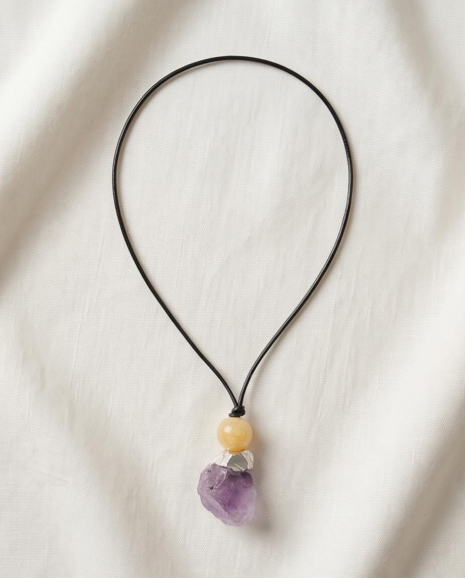 Amethyst Necklace Chunky Natural Raw Amethyst Pendant Leather Cord Yellow Agate February Birthstone Crystal Healing Yoga Jewelry