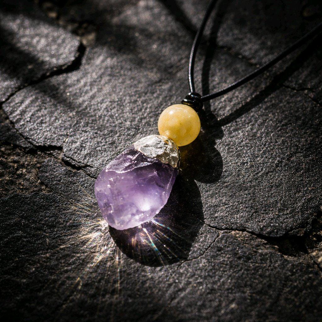Amethyst Necklace Chunky Natural Raw Amethyst Pendant Leather Cord Yellow Agate February Birthstone Crystal Healing Yoga Jewelry