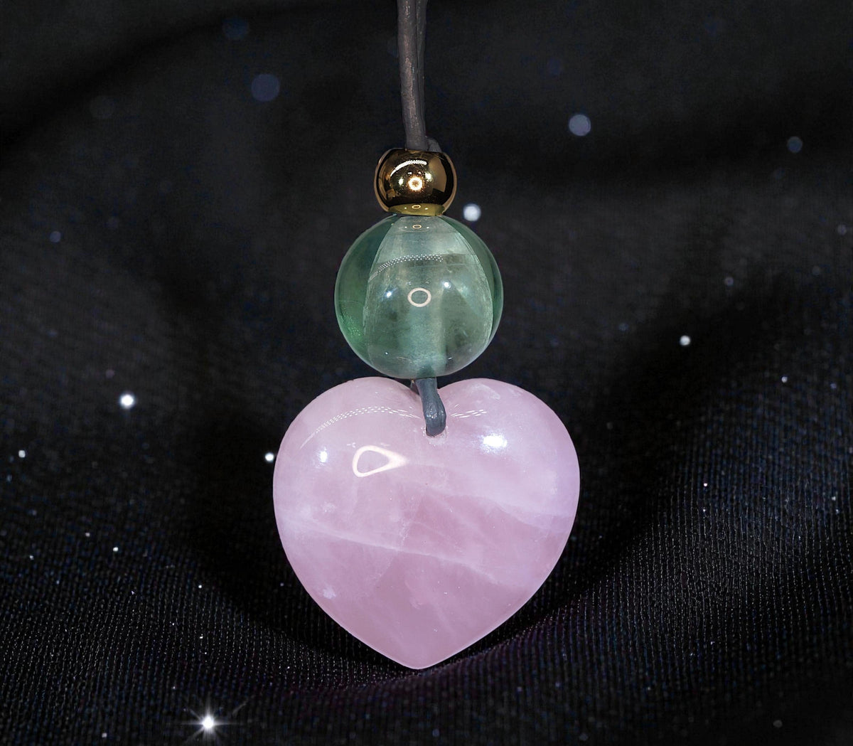 Chunky Rose Quartz Heart Necklace on 30" Adjustable Real Leather Cord, Geometric Green Fluorite Pendant, Large Natural Crystal Gift #2538