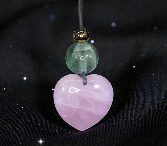 Chunky Rose Quartz Heart Necklace on 30" Adjustable Real Leather Cord, Geometric Green Fluorite Pendant, Large Natural Crystal Gift #2538