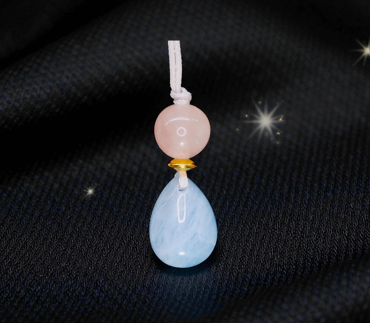 Natural Aquamarine Rose Quartz Necklace, Zen Geometric Crystal Pendant, Adjustable Gray Cord Boho Jewelry, Serenity & Love #2063