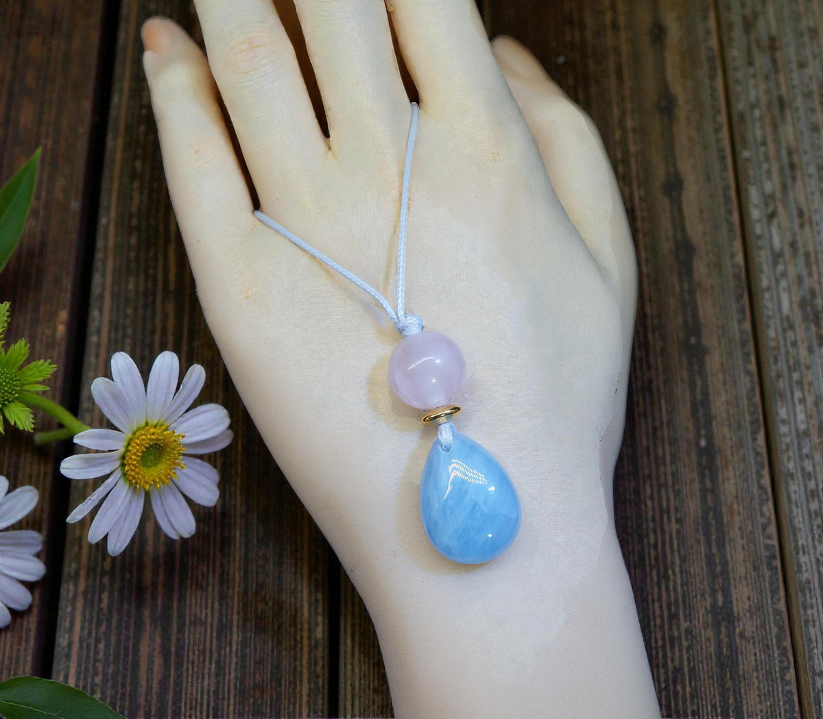 Natural Aquamarine Rose Quartz Necklace, Zen Geometric Crystal Pendant, Adjustable Gray Cord Boho Jewelry, Serenity & Love #2063