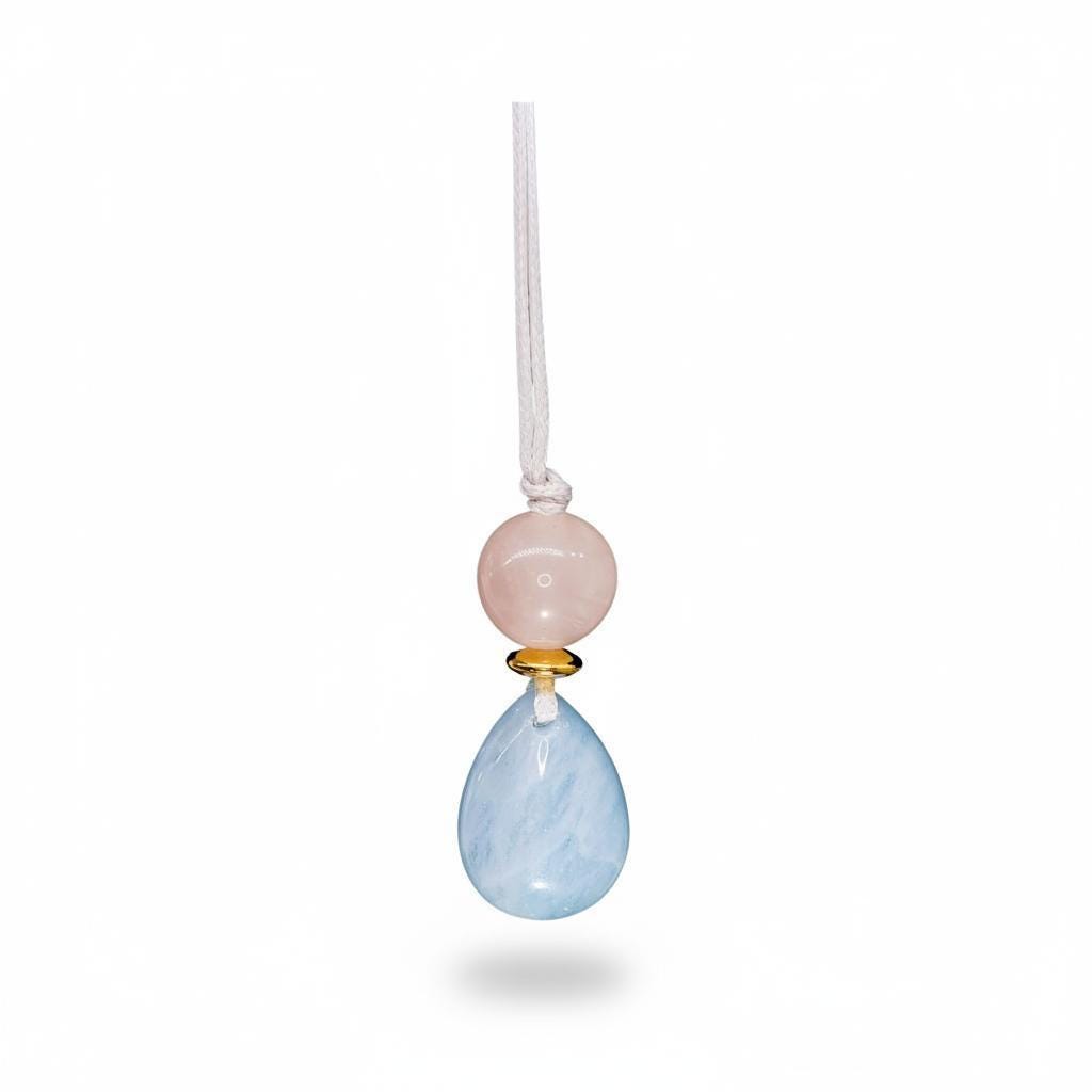 Natural Aquamarine Rose Quartz Necklace, Zen Geometric Crystal Pendant, Adjustable Gray Cord Boho Jewelry, Serenity & Love #2063