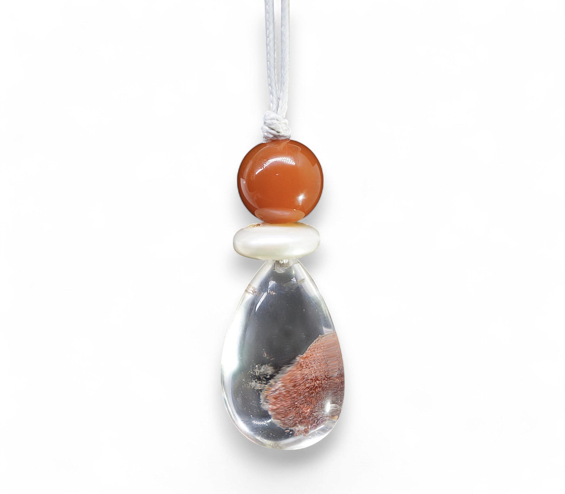 Red Phantom Quartz & Carnelian Necklace, Natural Red Agate Chunky Pendant, Genuine Pearl, Adjustable Leather Cord, Energy Jewelry #2072