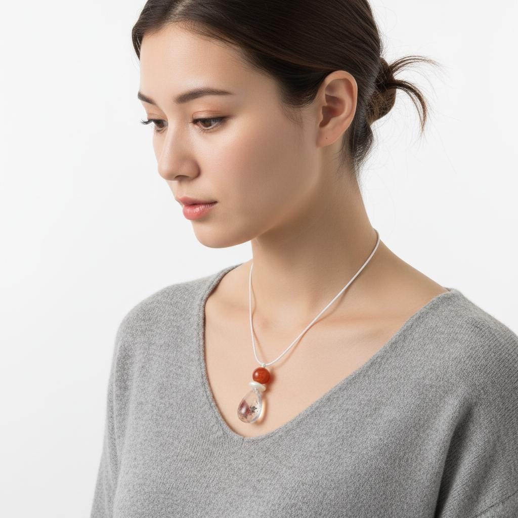 Red Phantom Quartz & Carnelian Necklace, Natural Red Agate Chunky Pendant, Genuine Pearl, Adjustable Leather Cord, Energy Jewelry #2072