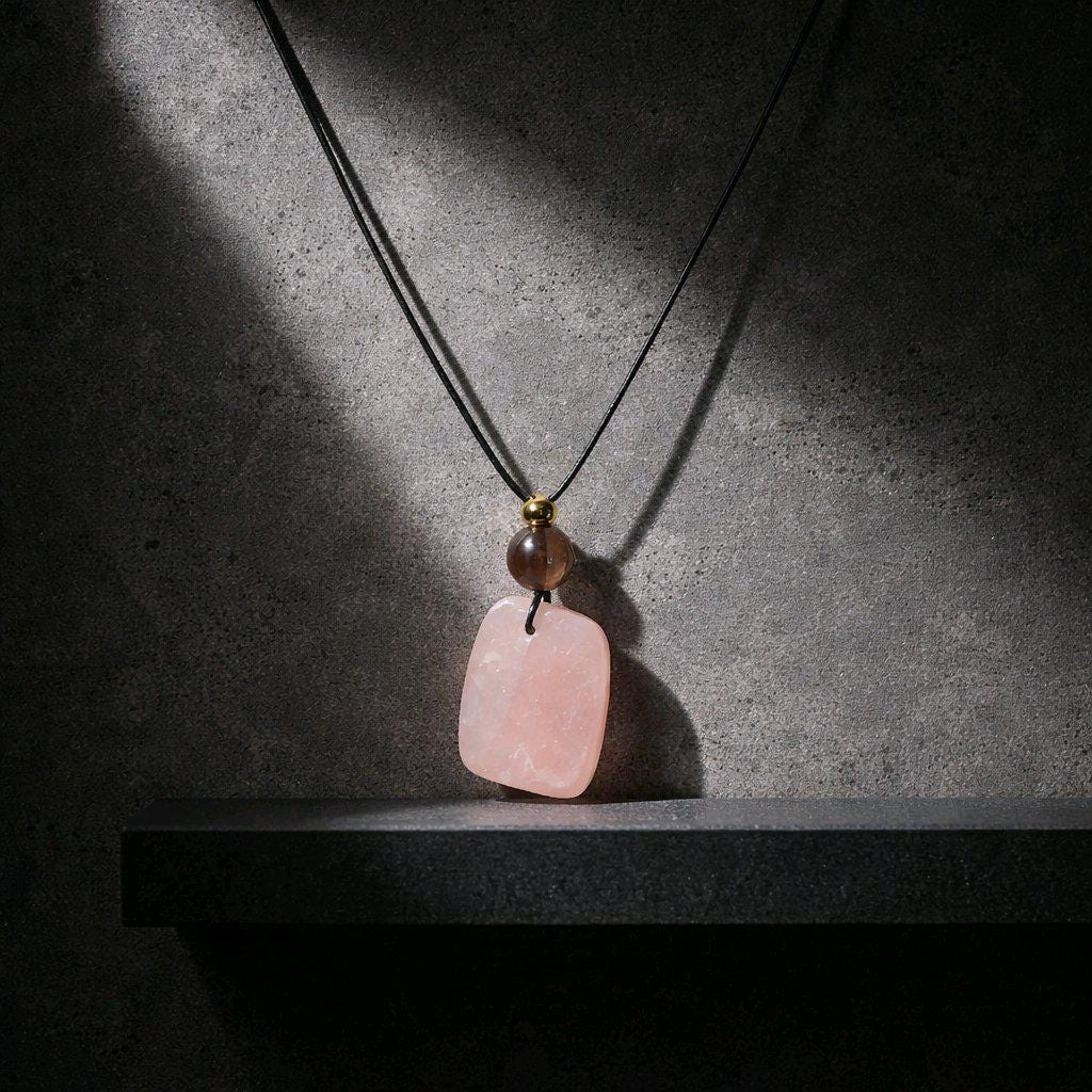 Large Raw Chunky Rose Quartz Necklace with Smoky Quartz Crystal healing jewelry, Genuine Leather Cord Adjustable up to 30 inches