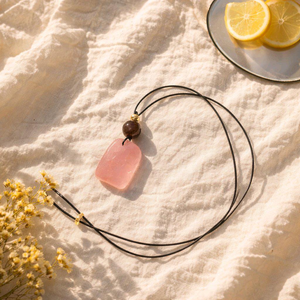 Large Raw Chunky Rose Quartz Necklace with Smoky Quartz Crystal healing jewelry, Genuine Leather Cord Adjustable up to 30 inches