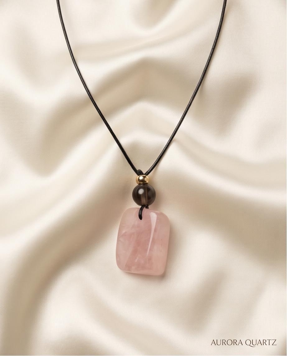 Large Raw Chunky Rose Quartz Necklace with Smoky Quartz Crystal healing jewelry, Genuine Leather Cord Adjustable up to 30 inches