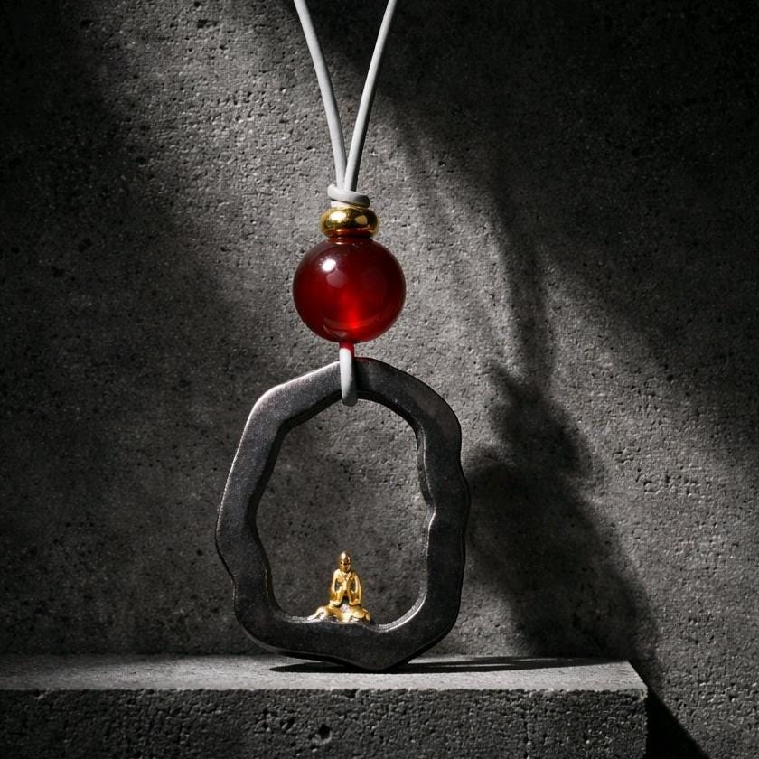 Zen Buddha Pendant Necklace in Titanium Steel, Red Agate Spiritual Amulet, Meditating Monk Leather Cord Protection Jewelry Yoga Chunky Gift