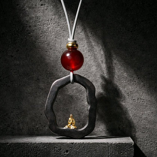 Zen Buddha Pendant Necklace in Titanium Steel, Red Agate Spiritual Amulet, Meditating Monk Leather Cord Protection Jewelry Yoga Chunky Gift