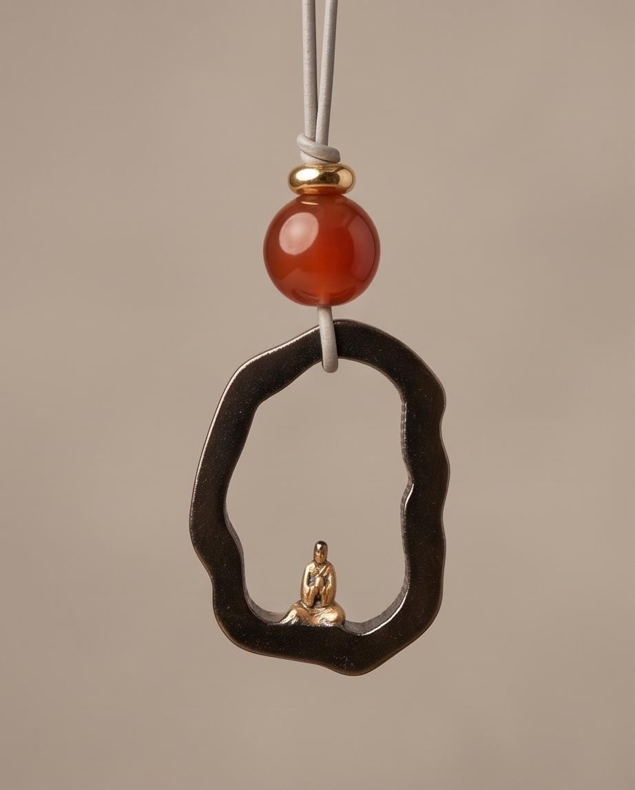 Zen Buddha Pendant Necklace in Titanium Steel, Red Agate Spiritual Amulet, Meditating Monk Leather Cord Protection Jewelry Yoga Chunky Gift