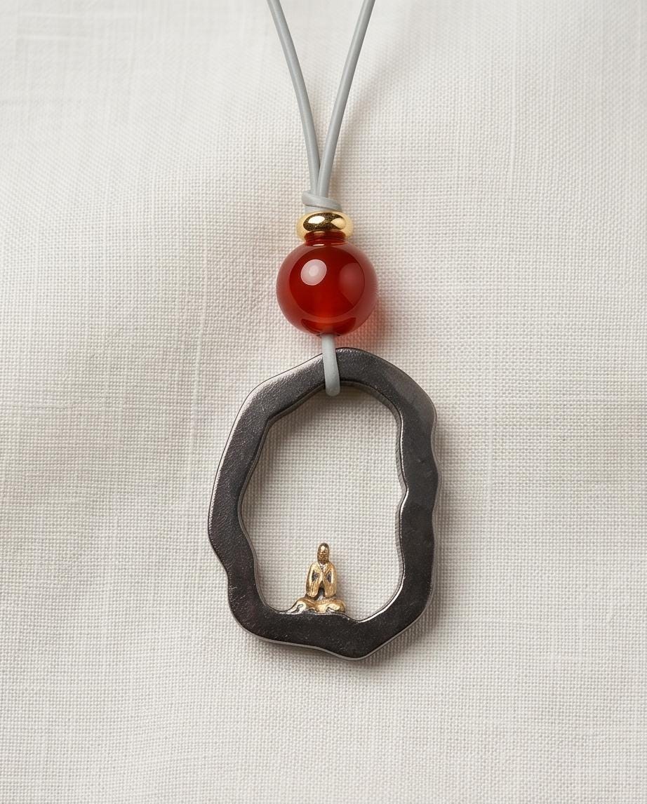 Zen Buddha Pendant Necklace in Titanium Steel, Red Agate Spiritual Amulet, Meditating Monk Leather Cord Protection Jewelry Yoga Chunky Gift