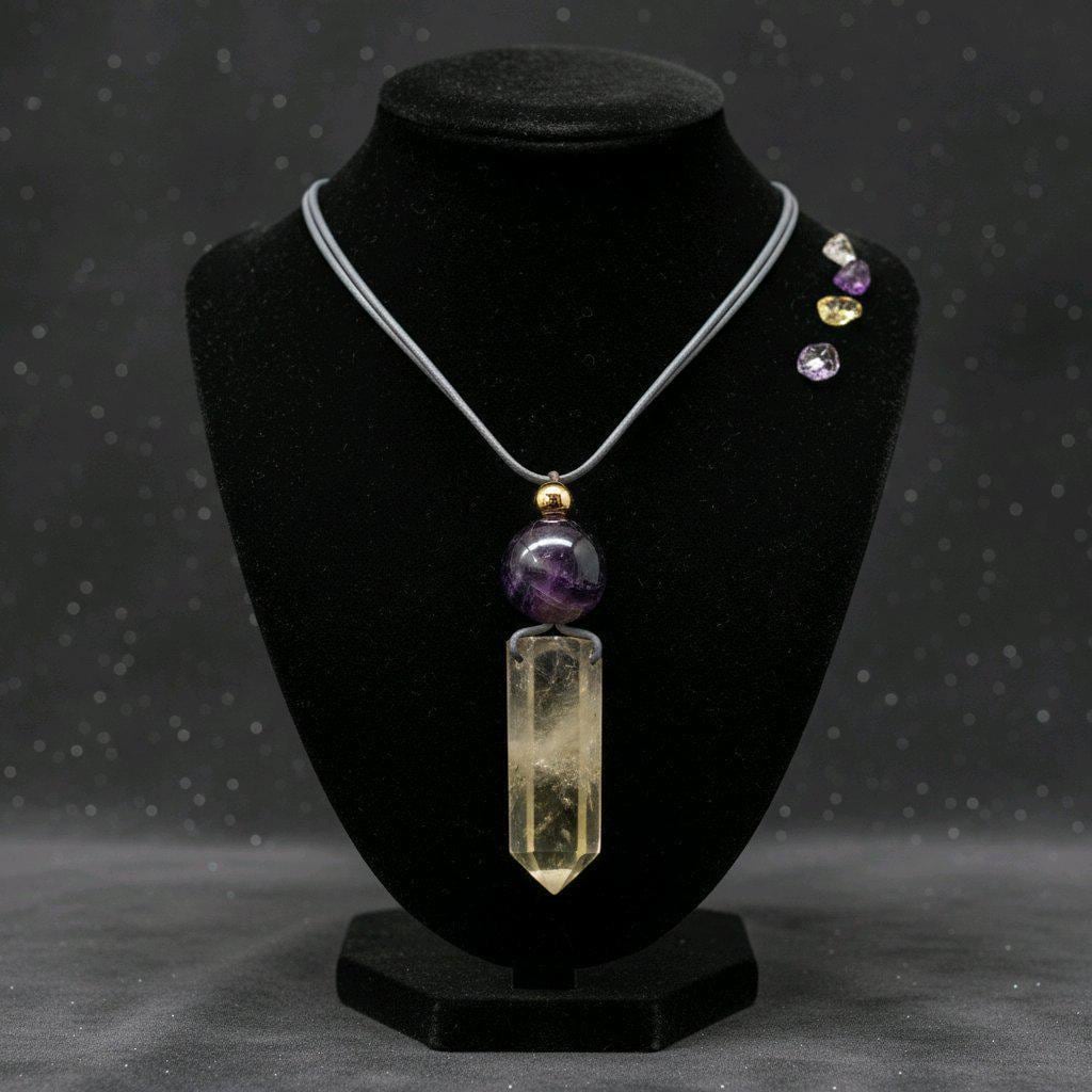 Chunky Citrine Point Necklace, Geometric Amethyst Pendant with 18k Gold Copper Bead, Spiritual Zen Jewelry, Adjustable Leather Cord #2574