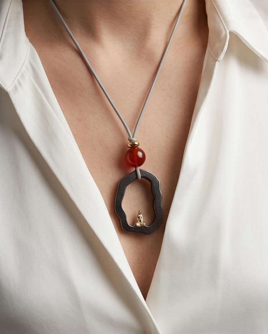 Zen Buddha Pendant Necklace in Titanium Steel, Red Agate Spiritual Amulet, Meditating Monk Leather Cord Protection Jewelry Yoga Chunky Gift