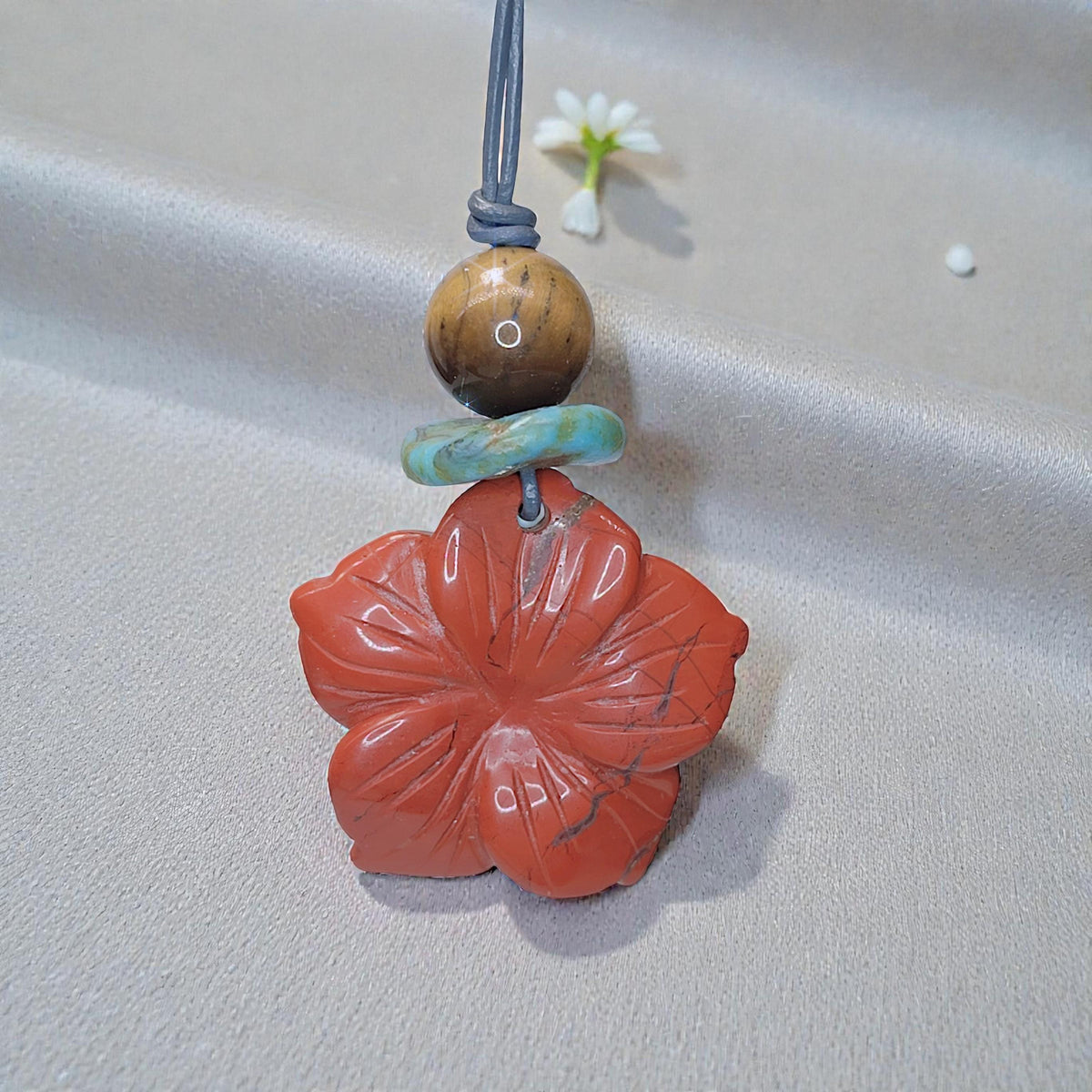 Red Jasper Necklace Flower Crystal Pendant, Chunky Tigers Eye Geometric Jewelry for Women Men with Adjustable Leather Cord up to 24 inches