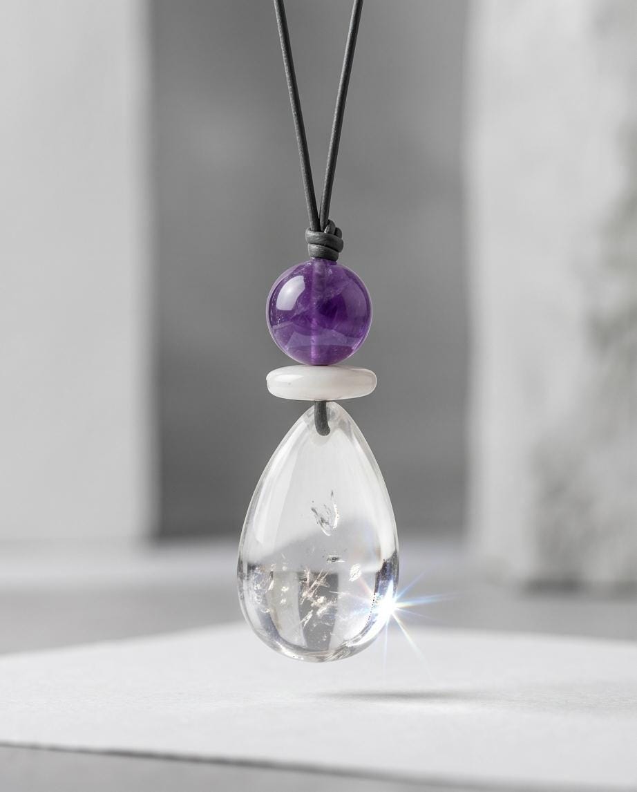 Clear Quartz Necklace, Baroque Pearl Jewelry, Natural Amethyst Pendant, Natural Chunky Stone Boho Gift, Genuine Leather cord Adjustable