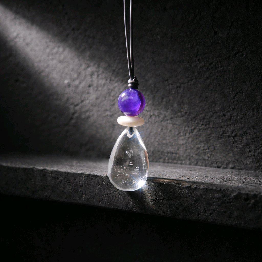 Clear Quartz Necklace, Baroque Pearl Jewelry, Natural Amethyst Pendant, Natural Chunky Stone Boho Gift, Genuine Leather cord Adjustable