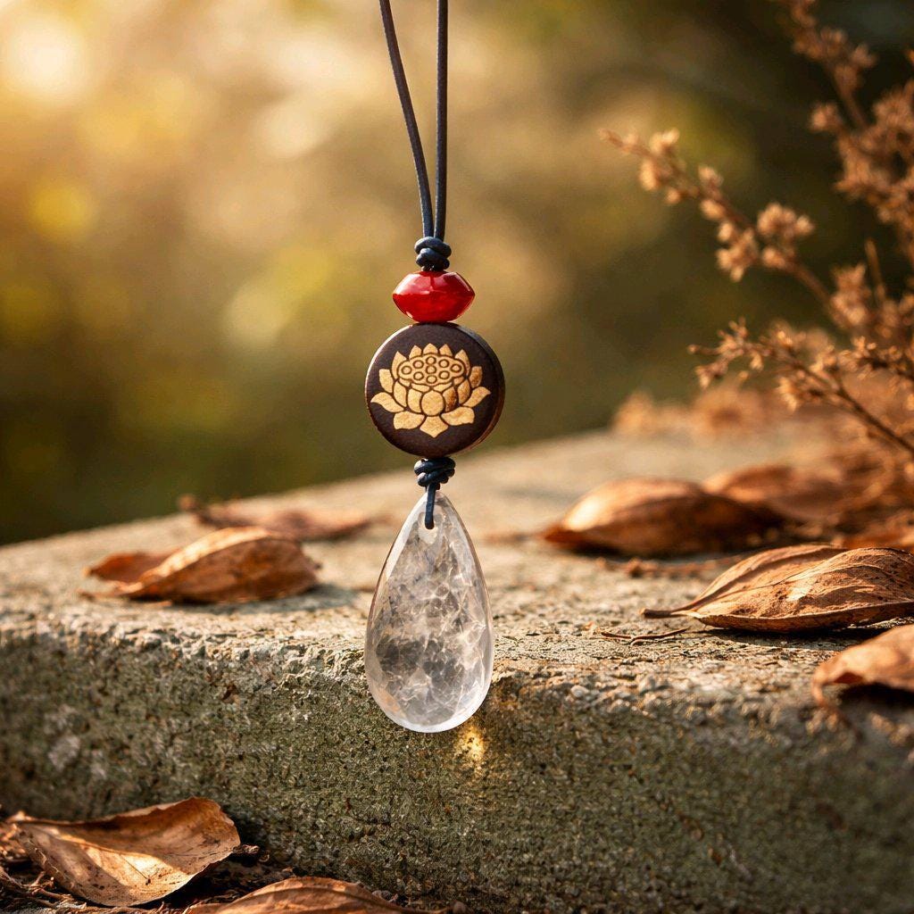 Clear Quartz Lotus Necklace, Chunky 18k Gold Inlaid Zen Crystal Jewelry, Black Sandalwood Spiritual Pendant, Adjustable Leather Cord