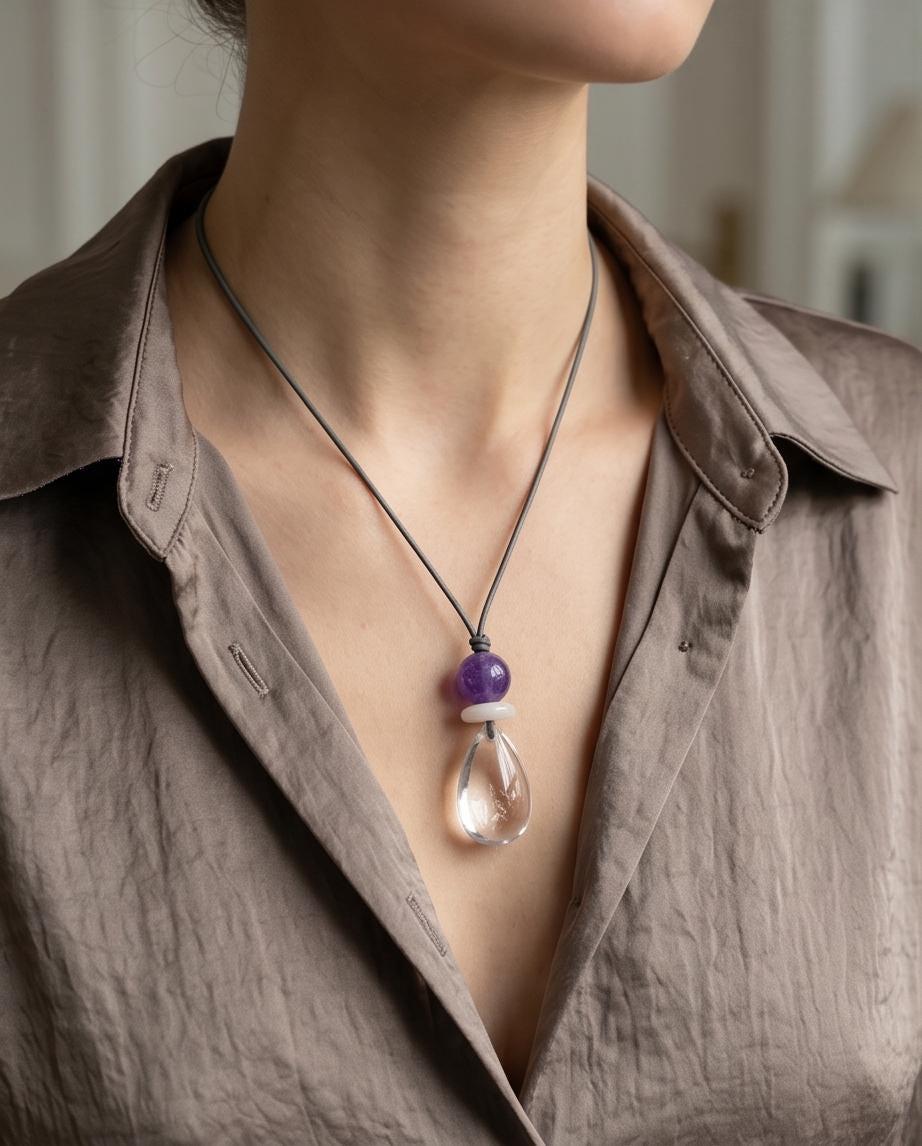 Clear Quartz Necklace, Baroque Pearl Jewelry, Natural Amethyst Pendant, Natural Chunky Stone Boho Gift, Genuine Leather cord Adjustable