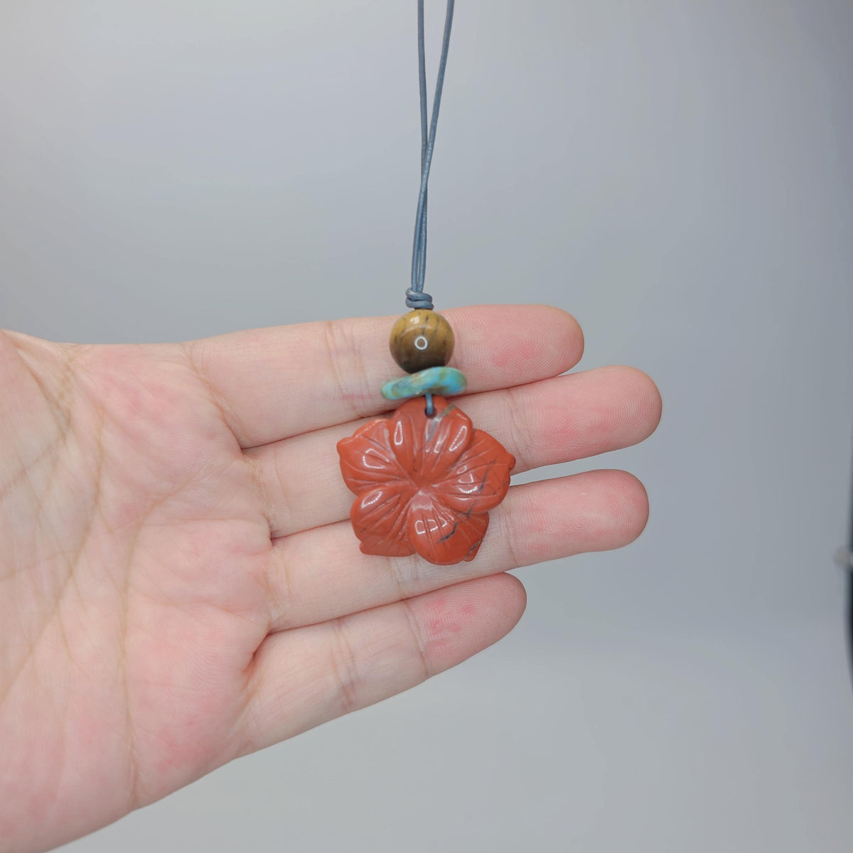 Red Jasper Necklace Flower Crystal Pendant, Chunky Tigers Eye Geometric Jewelry for Women Men with Adjustable Leather Cord up to 24 inches