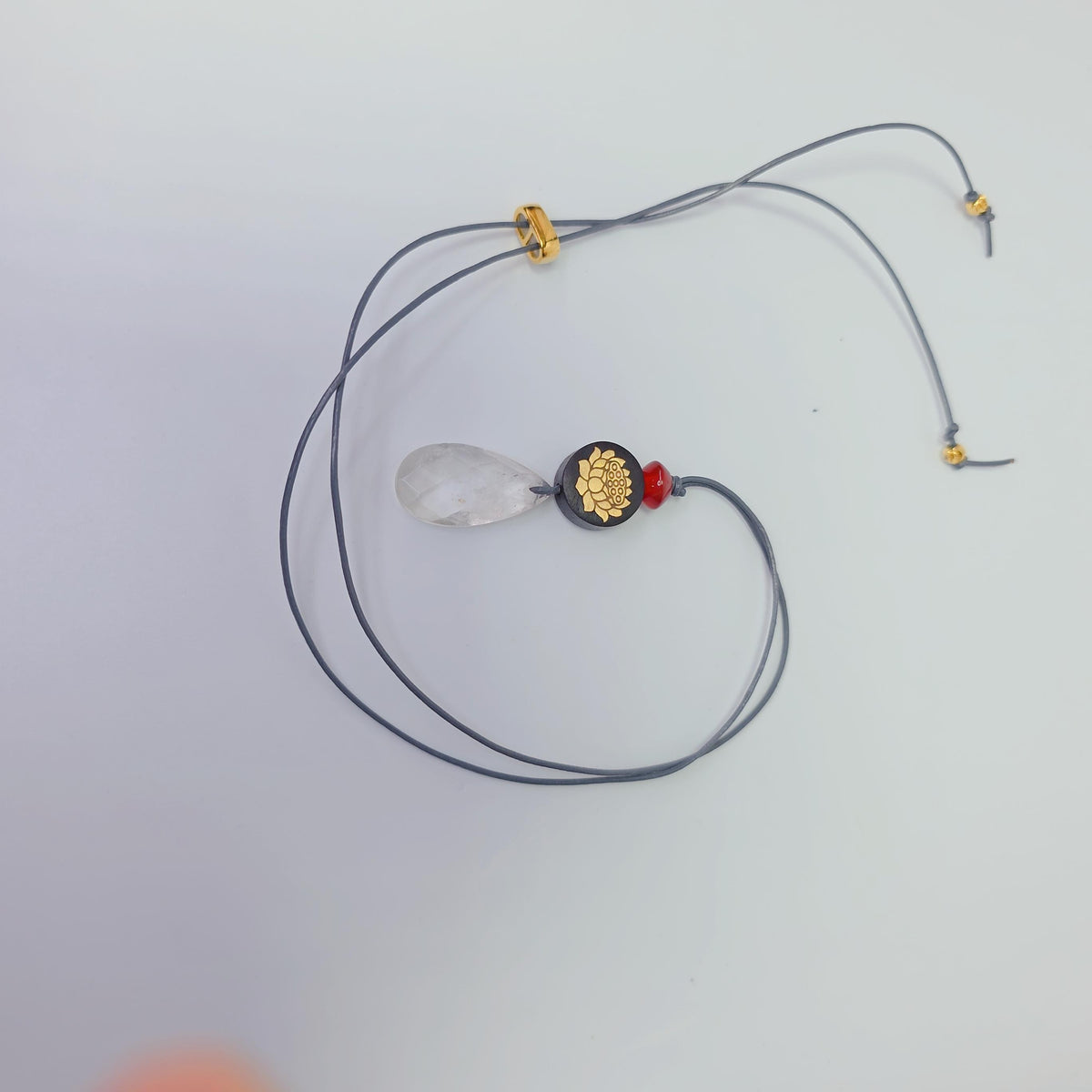 Clear Quartz Lotus Necklace, Chunky 18k Gold Inlaid Zen Crystal Jewelry, Black Sandalwood Spiritual Pendant, Adjustable Leather Cord