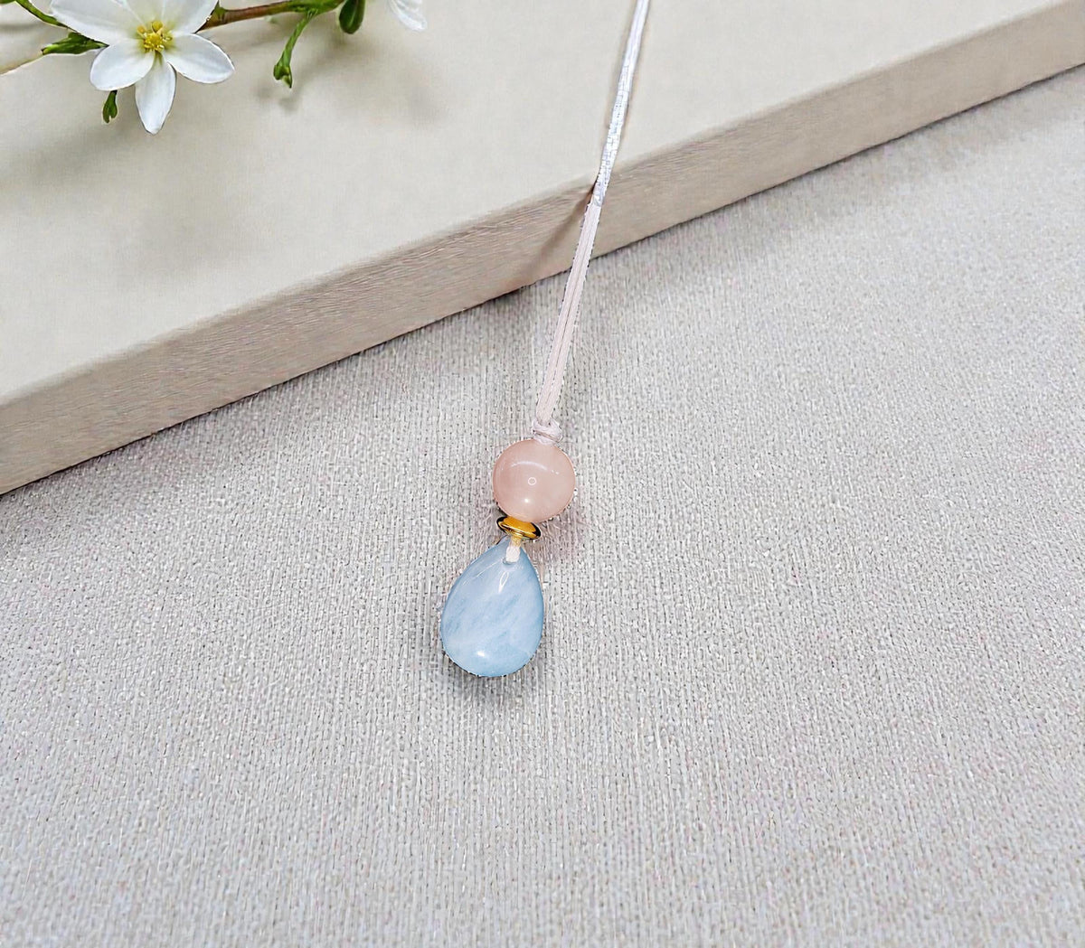 Natural Aquamarine Rose Quartz Necklace, Zen Geometric Crystal Pendant, Adjustable Gray Cord Boho Jewelry, Serenity & Love Chunk Stone Gift