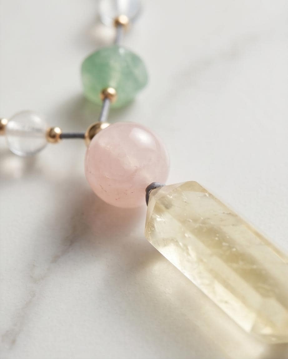 Large Raw Citrine Pendant, Rose Quartz Fluorite and Clear Quartz Chunky Gemstone Necklace, Genuine Leather Adjustable Long Statement Necklac