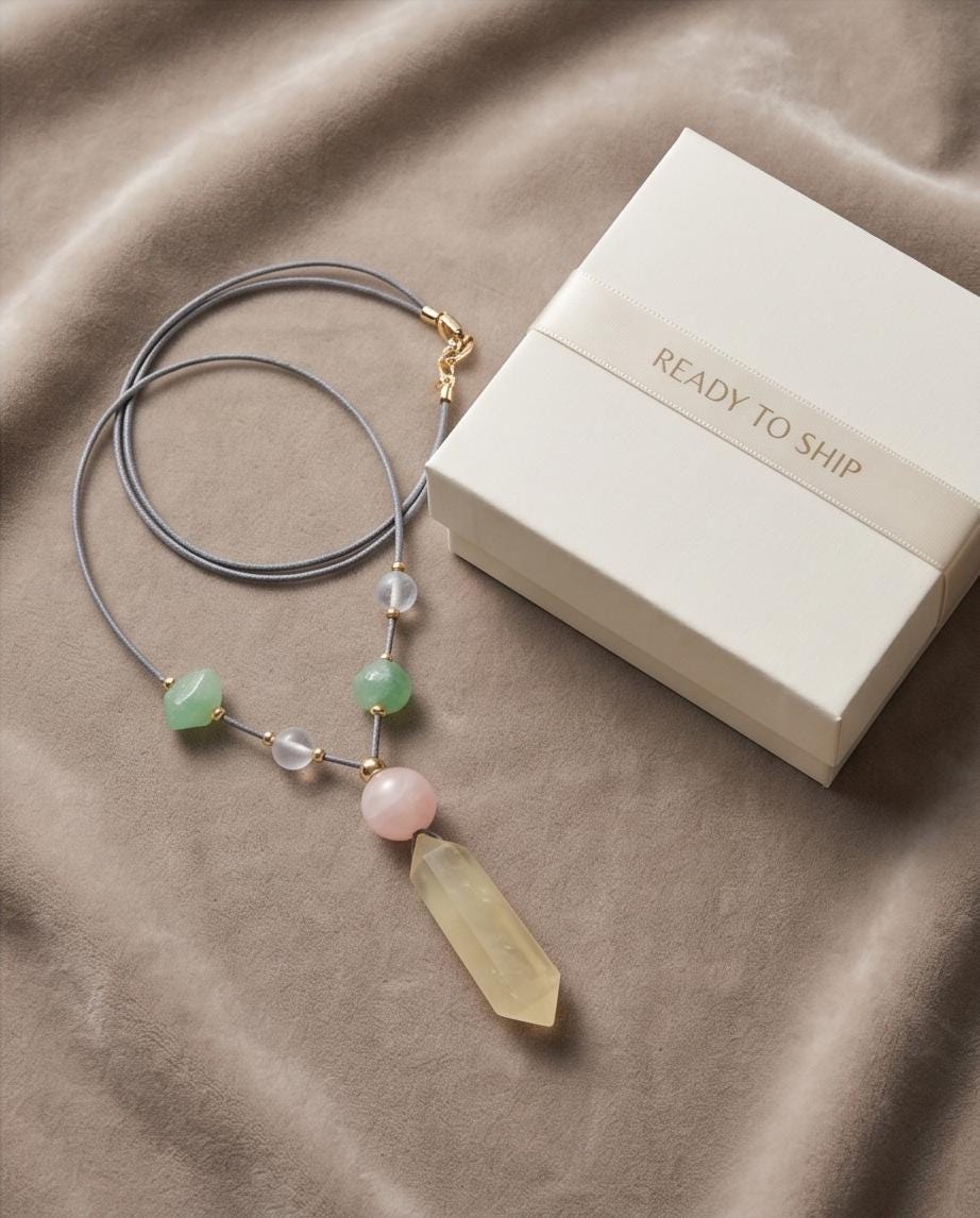 Large Raw Citrine Pendant, Rose Quartz Fluorite and Clear Quartz Chunky Gemstone Necklace, Genuine Leather Adjustable Long Statement Necklac