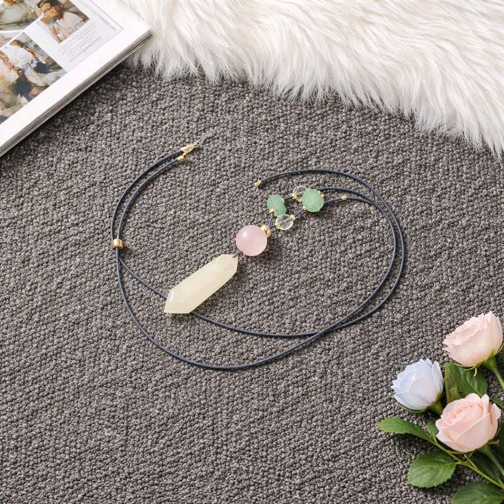 Large Raw Citrine Pendant, Rose Quartz Fluorite and Clear Quartz Chunky Gemstone Necklace, Genuine Leather Adjustable Long Statement Necklac