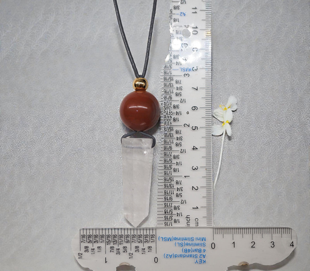 Chunky Clear Quartz Wand Necklace, Geometric Red Jasper Pendant on 30" Adjustable Real Leather Cord, Large Natural Crystal Healing #2539