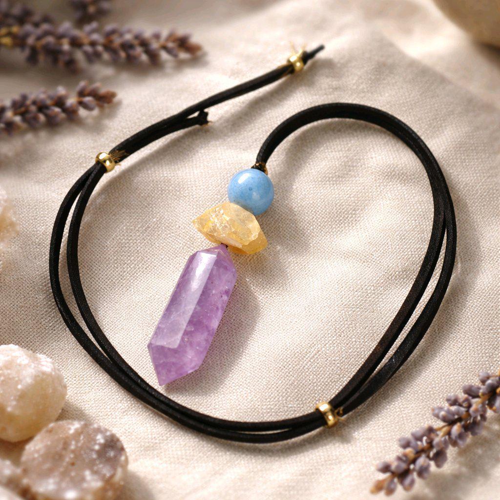 Chunky Amethyst Crystal Necklace, Geometric Aquamarine & Citrine Quartz Pendant, Zen Healing Stone Purple Jewelry #2579