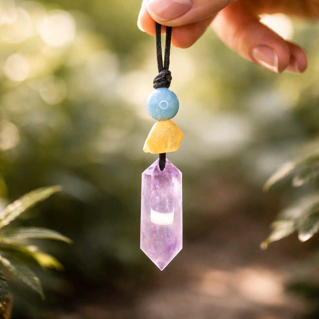 Chunky Amethyst Crystal Necklace, Geometric Aquamarine & Citrine Quartz Pendant, Zen Healing Stone Purple Jewelry #2579