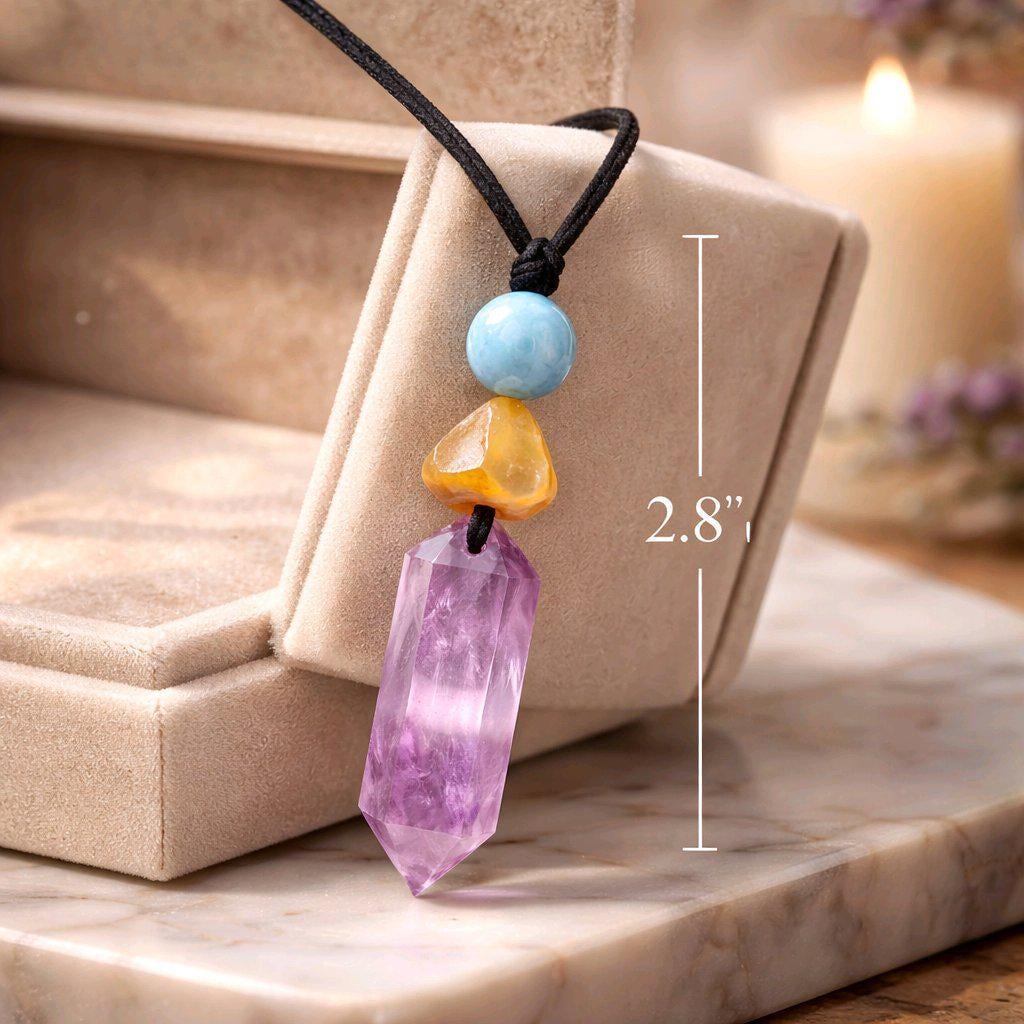 Chunky Amethyst Crystal Necklace, Geometric Aquamarine & Citrine Quartz Pendant, Zen Healing Stone Purple Jewelry #2579