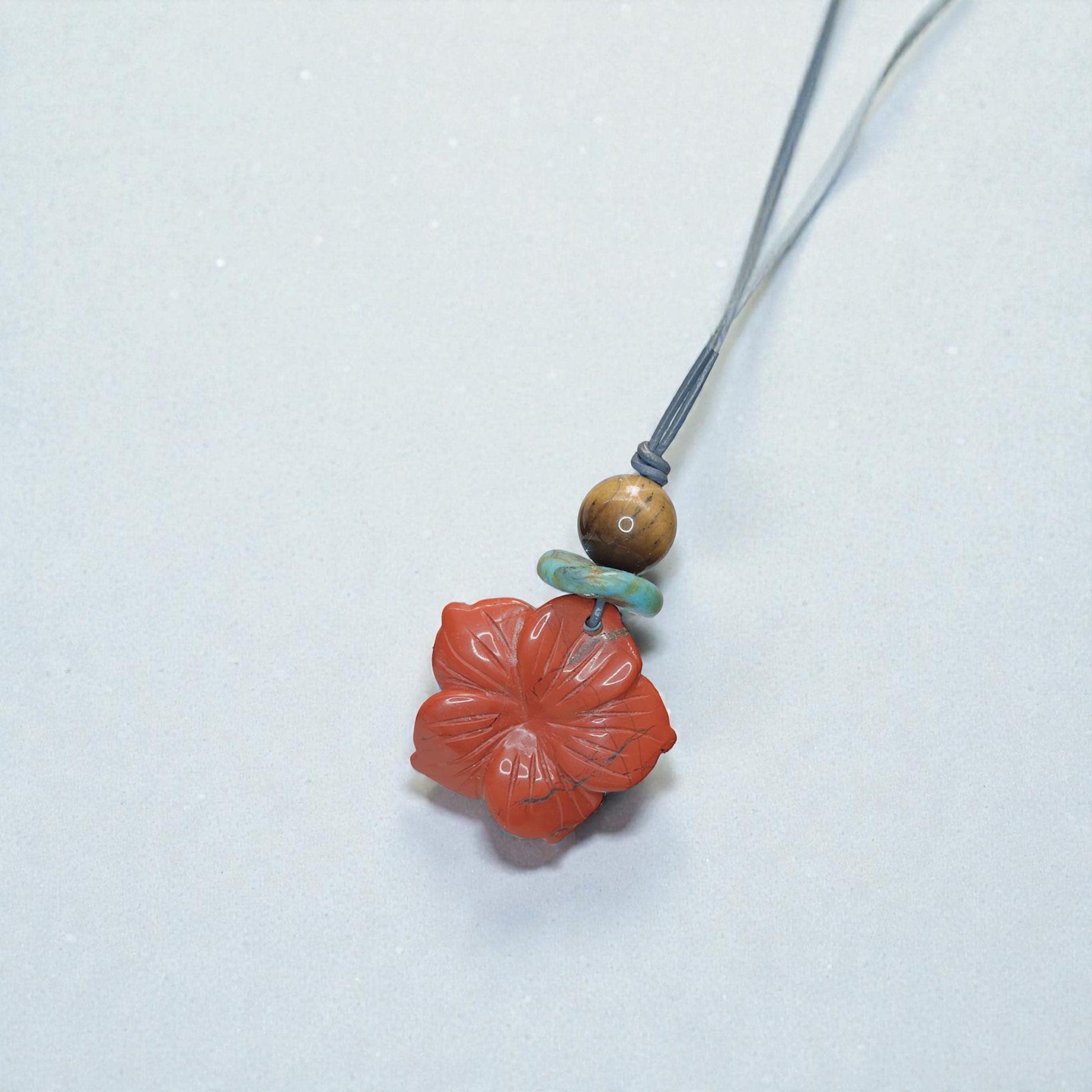 Red Jasper Necklace Flower Crystal Pendant, Chunky Tigers Eye Geometric Jewelry for Women Men with Adjustable Leather Cord up to 24 inches