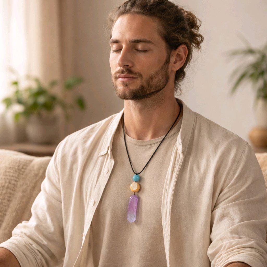 Chunky Amethyst Crystal Necklace, Geometric Aquamarine & Citrine Quartz Pendant, Zen Healing Stone Purple Jewelry #2579