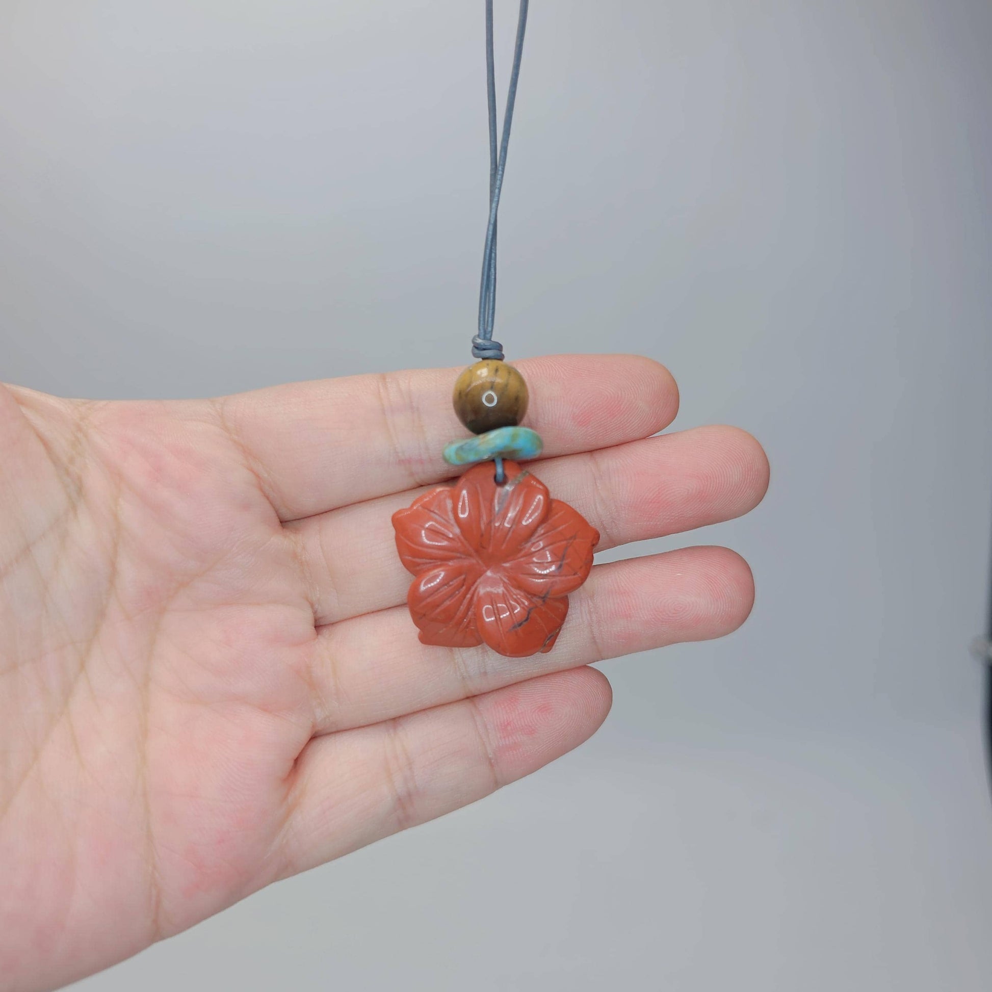 Red Jasper Necklace Flower Crystal Pendant, Chunky Tigers Eye Geometric Jewelry for Women Men with Adjustable Leather Cord up to 24 inches
