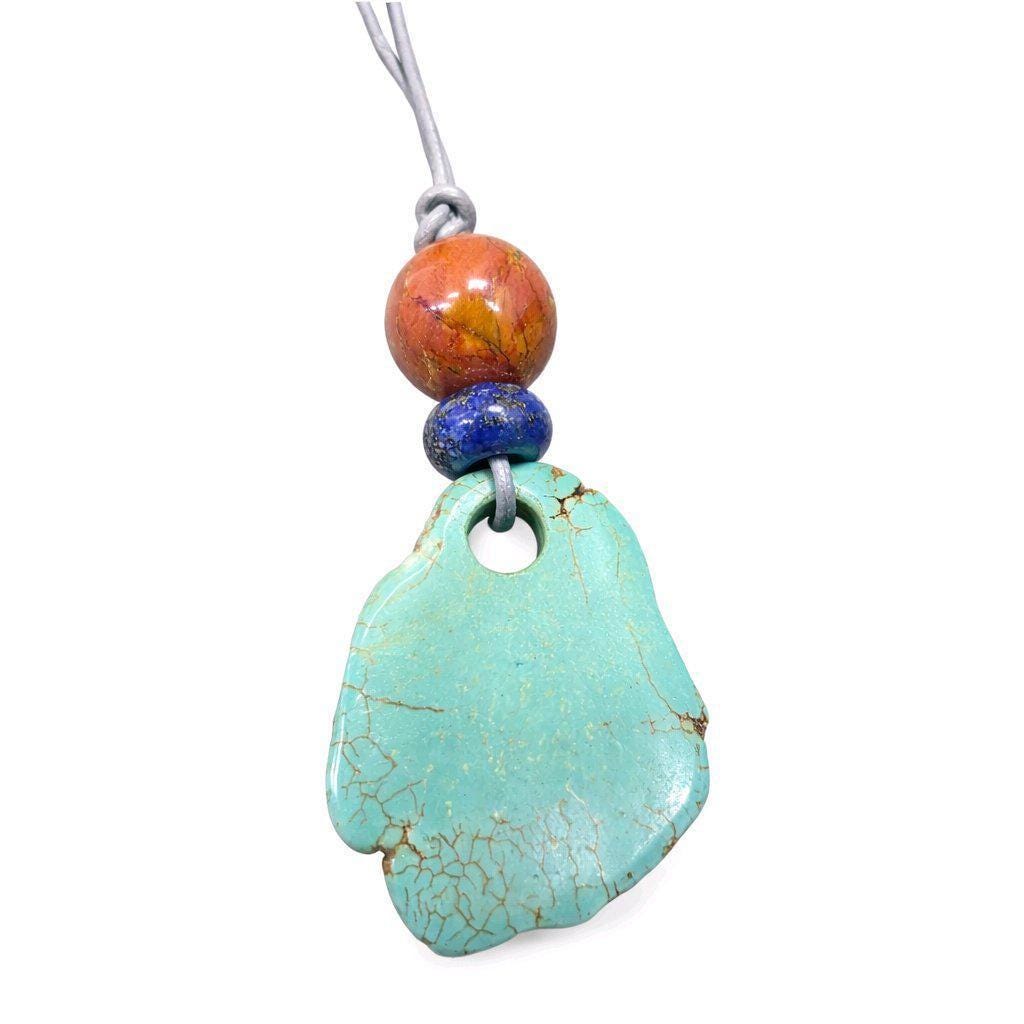 Chunky Turquoise Necklace, Geometric Lapis & Red Jasper Pendant, Zen Boho Gemstone Statement Jewelry, Adjustable Leather Cord Gift #2581