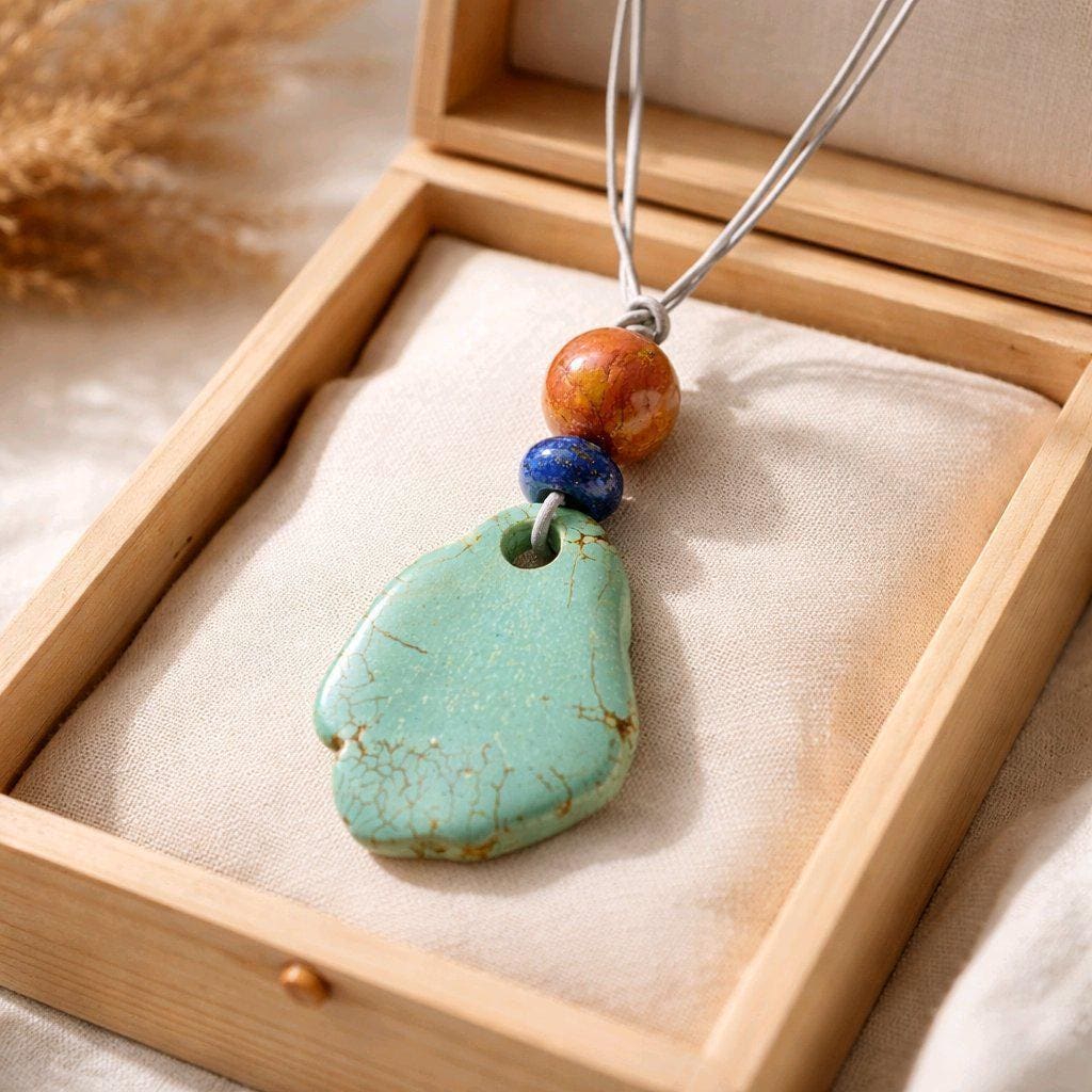Chunky Turquoise Necklace, Geometric Lapis & Red Jasper Pendant, Zen Boho Gemstone Jewelry, Adjustable Leather Cord Gift #2581