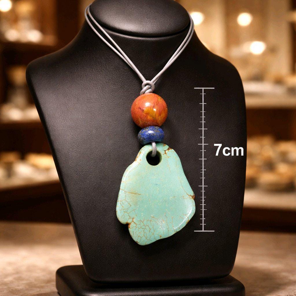 Chunky Turquoise Necklace, Geometric Lapis & Red Jasper Pendant, Zen Boho Gemstone Jewelry, Adjustable Leather Cord Gift #2581