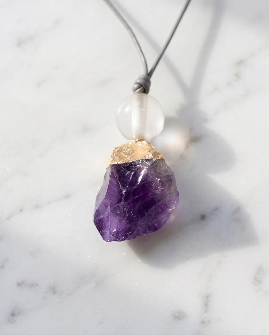 Chunky Raw Amethyst Point Necklace Clear Quartz Crystal Healing Yoga Jewelry Adjustable Leather Cord