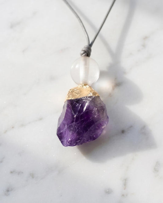 Chunky Raw Amethyst Point Necklace Clear Quartz Crystal Healing Yoga Jewelry Adjustable Leather Cord