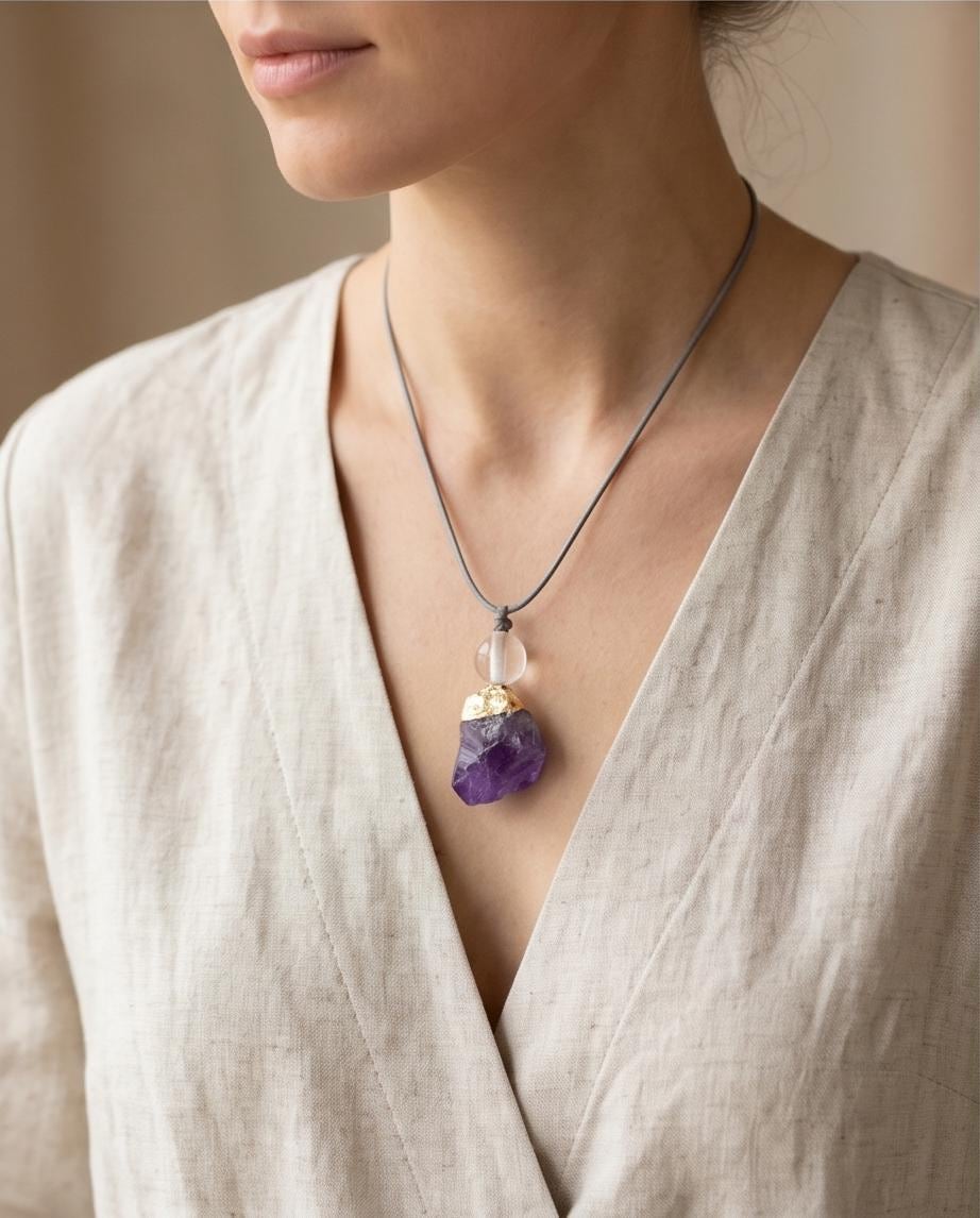 Chunky Raw Amethyst Point Necklace Clear Quartz Crystal Healing Yoga Jewelry Adjustable Leather Cord