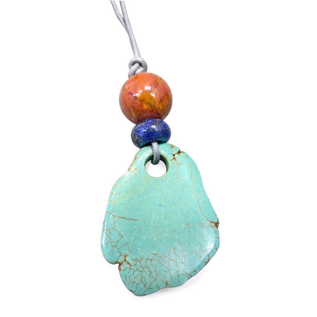 Chunky Turquoise Necklace, Geometric Lapis & Red Jasper Pendant, Zen Boho Gemstone Statement Jewelry, Adjustable Leather Cord Gift #2581