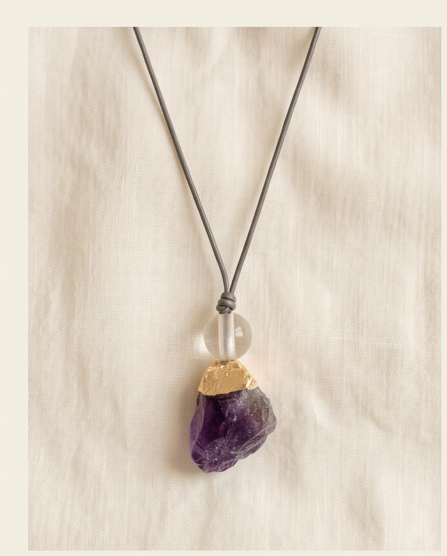 Chunky Raw Amethyst Point Necklace Clear Quartz Crystal Healing Yoga Jewelry Adjustable Leather Cord