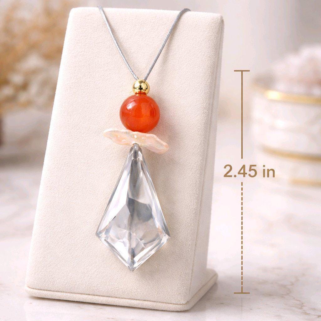 Chunky Clear Quartz Necklace, Geometric Red Carnelian & Baroque Pearl Pendant, Zen Healer Jewelry, Adjustable Leather Cord #2580