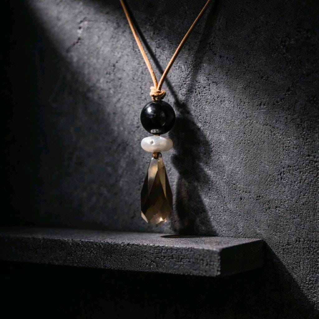 Chunky Natural Smoky Quartz Pendant, Genuine Pearl Black Obsidian Necklace, Spiritual Healing Jewelry, Adjustable leather up to 30 inches.