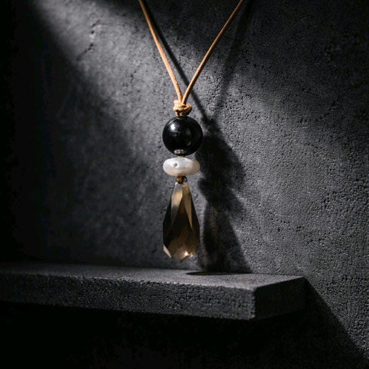 Chunky Natural Smoky Quartz Pendant, Genuine Pearl Black Obsidian Necklace, Spiritual Healing Jewelry, Adjustable leather up to 30 inches.