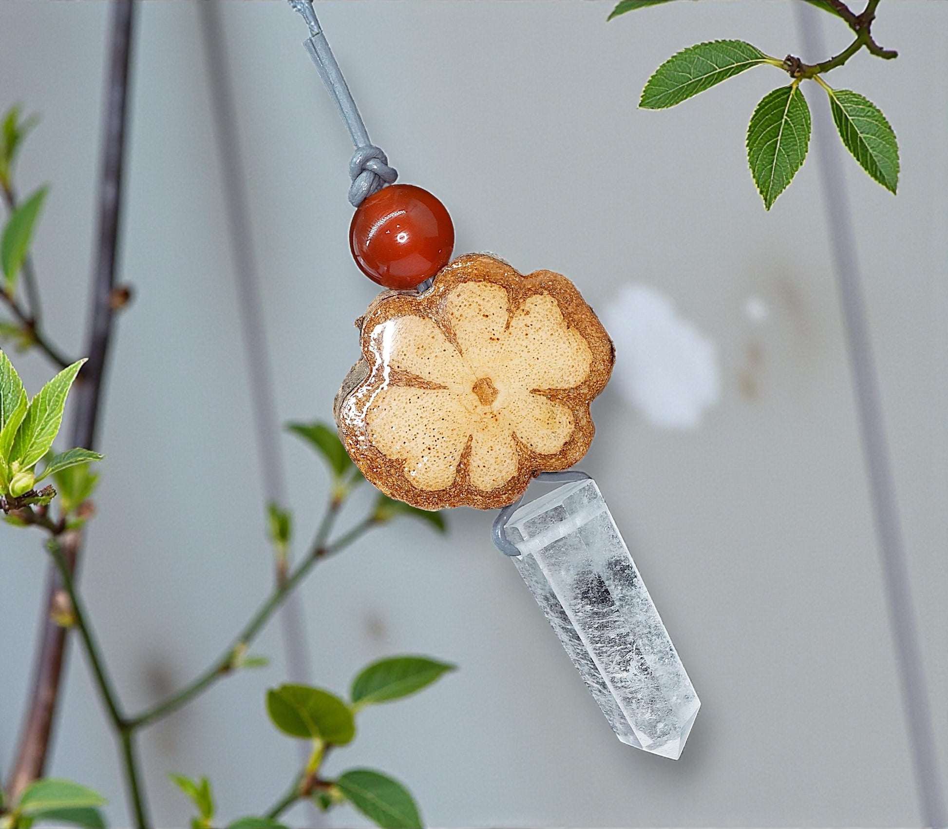 Ayahuasca Necklace, Geometric Clear Quartz Point Pendant, Unisex Sacred Plant Jewelry, Adjustable Leather Spiritual Gift