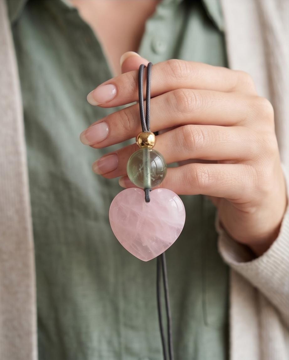 Chunky Rose Quartz Heart Necklace on 30" Adjustable Real Leather Cord, Geometric Green Fluorite Pendant, Large Natural Crystal Gift #2538