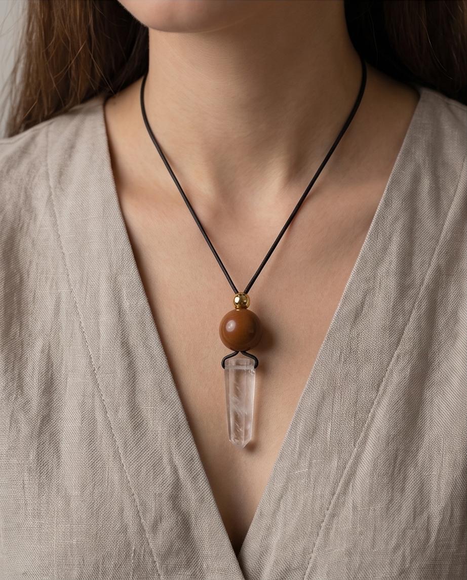 Chunky Clear Quartz Wand Necklace, Geometric Red Jasper Pendant on 30" Adjustable Real Leather Cord, Large Natural Crystal Healing #2539